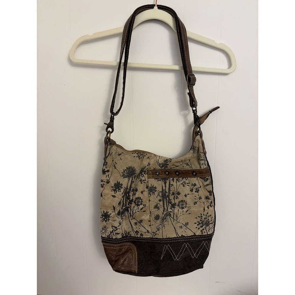 Myra Crossbody Shoulder Bag Womens Medium Floral Canvas Leather Whimsical Boho